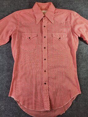 Vtg 70's Wrangler Pearl Snap Western Shirt USA Made 15/34 Long Tail Check Rare